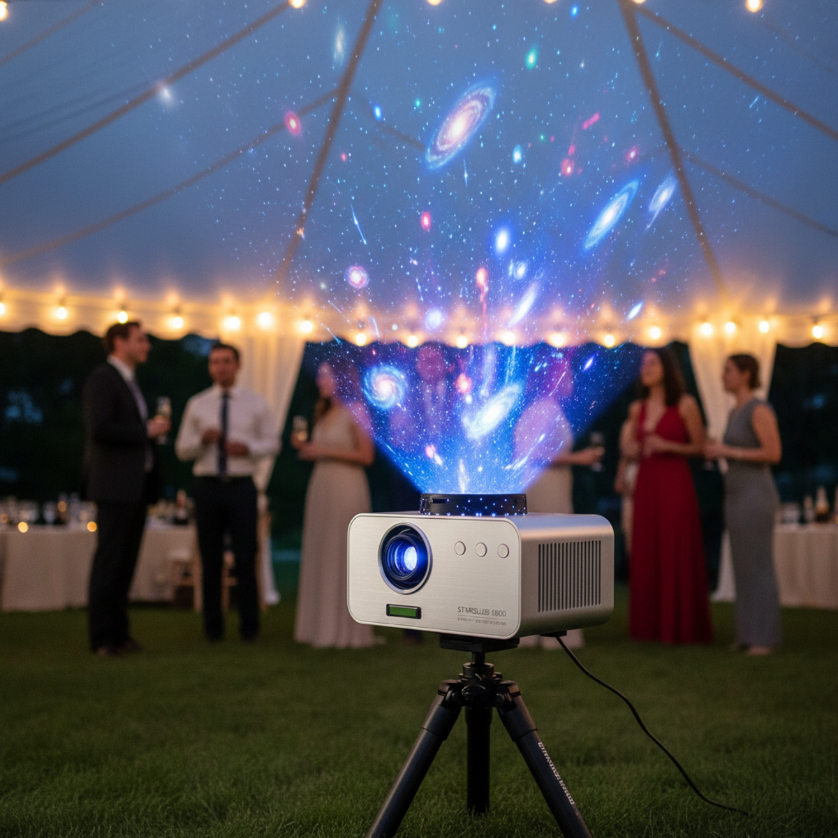 Portable star projector illuminates outdoor event canopy with bright cosmic visuals.
