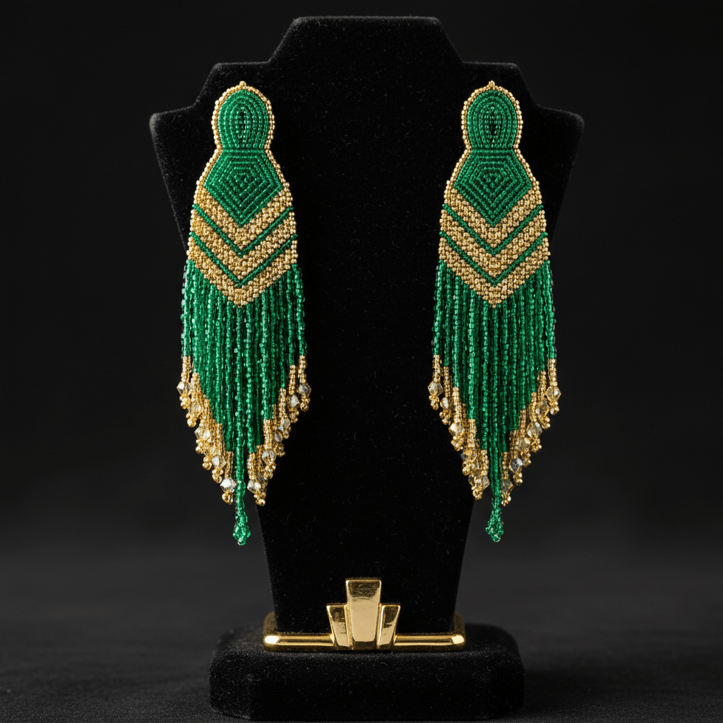 Luxurious emerald green glass bead tassel earrings with gold crystal accents.
