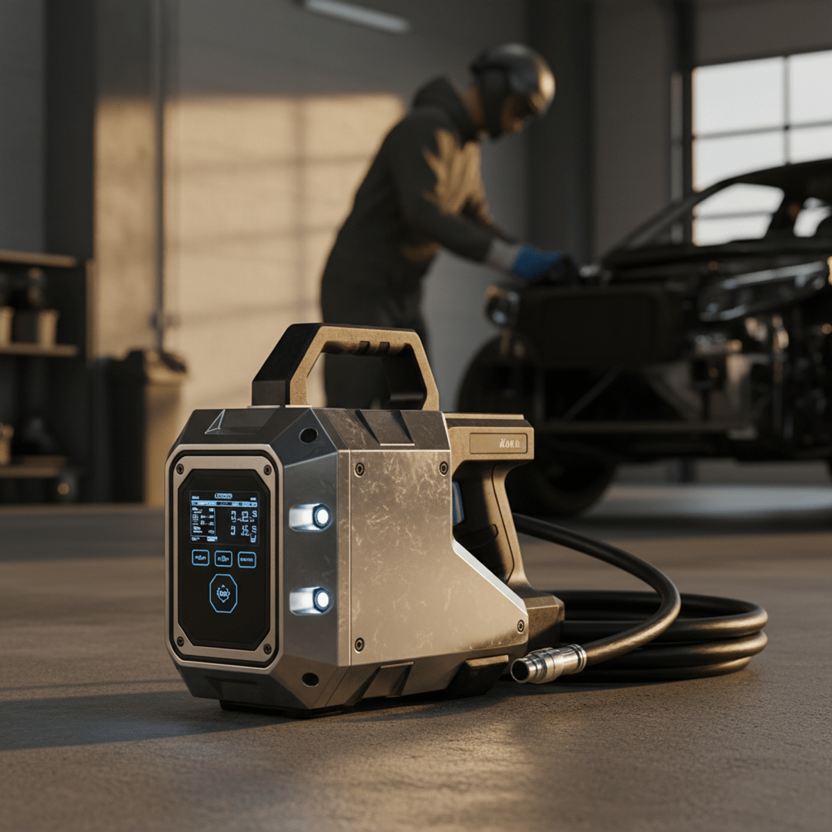High-tech electric oil pump for EV maintenance Electric oil pump with high-tech design in an electric vehicle maintenance bay.