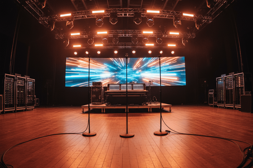 Modern concert stage optimized for global digital streaming success Empty concert stage with advanced tech setup symbolizing hybrid physical-digital event management