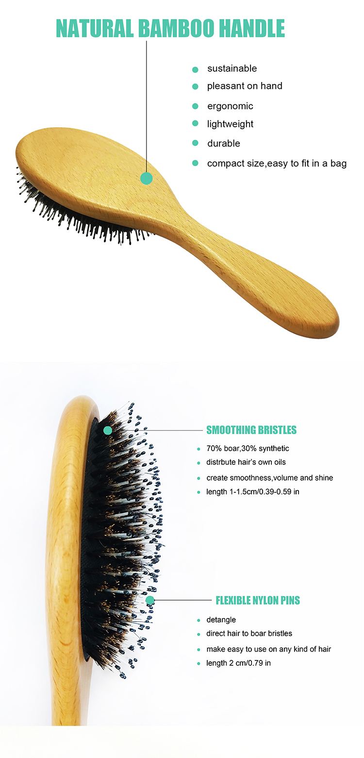 Bois naturel Démêlant Grande Ovale Brosse Poils De Sanglier Brosse À Cheveux