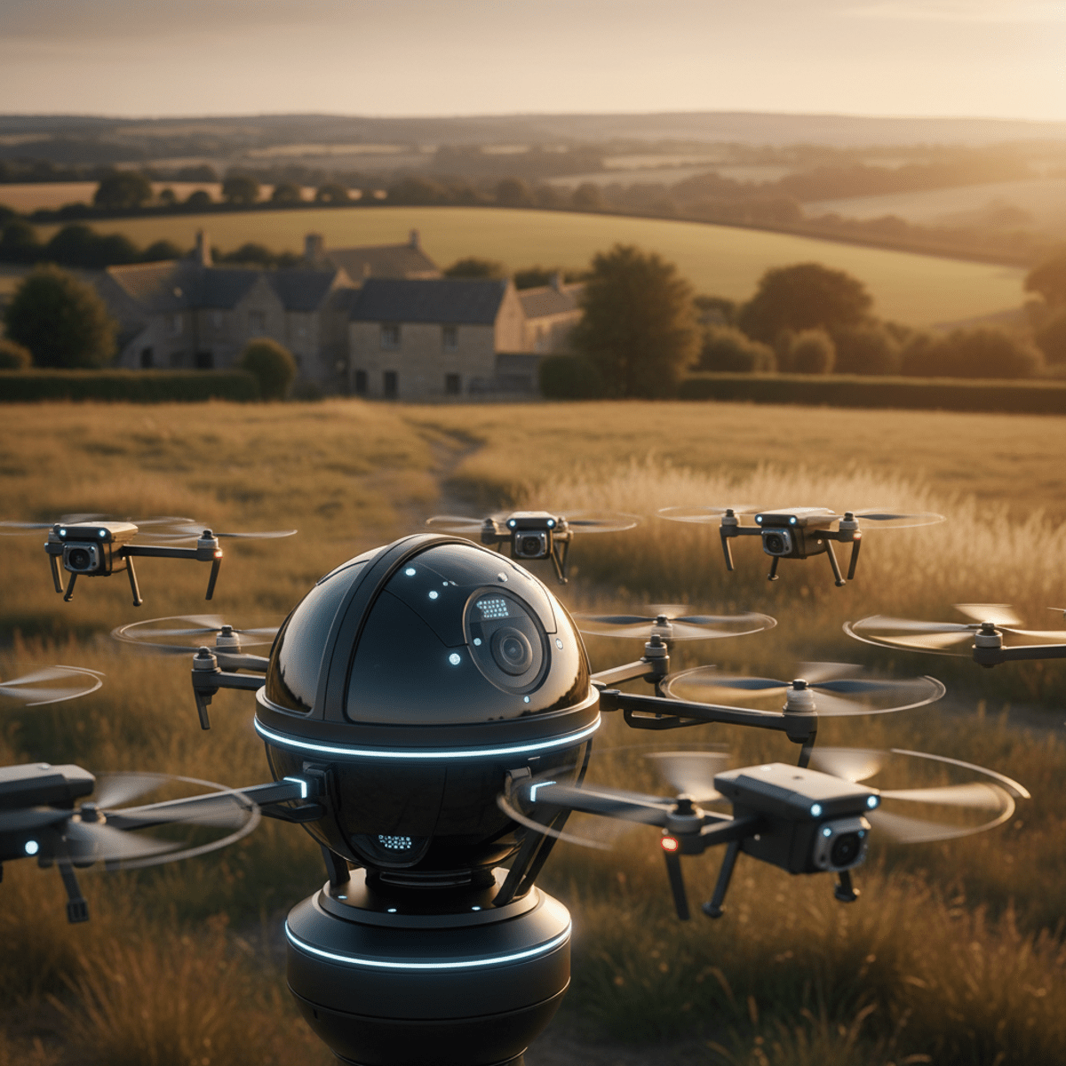 Advanced surveillance hub with spherical camera and drones investigating rural estate at golden hour.