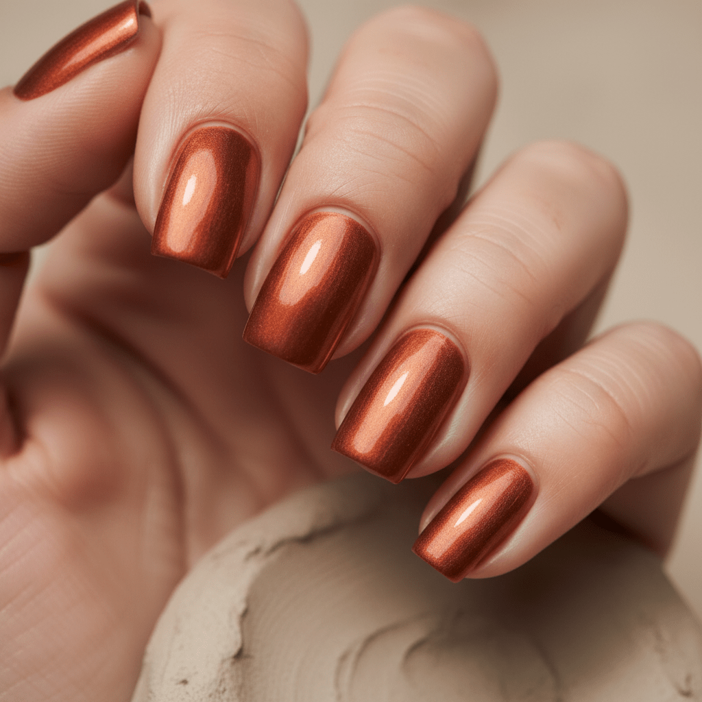 Close-up of squared-off nails with a terracotta chrome finish and liquid metal reflection.