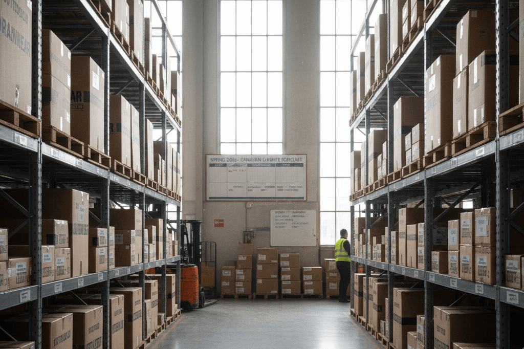 Wide shot of retail storage with labeled boxes and spring forecast calendar, reflecting data-driven inventory strategies