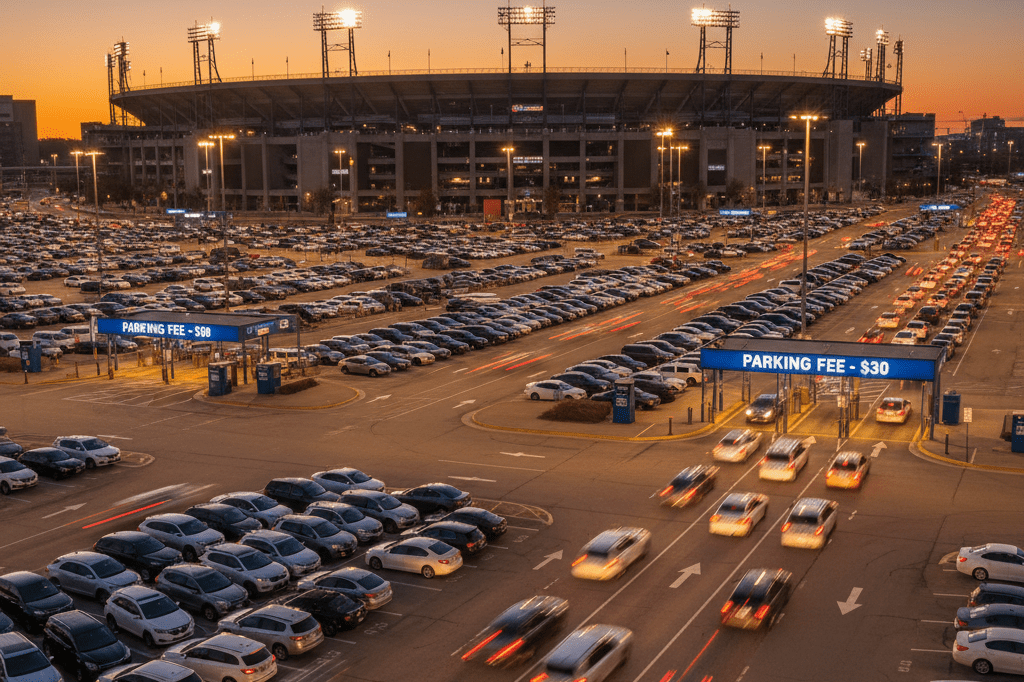 Wide-angle view of a busy stadium parking lot under natural evening light, highlighting organized traffic patterns and operational efficiency