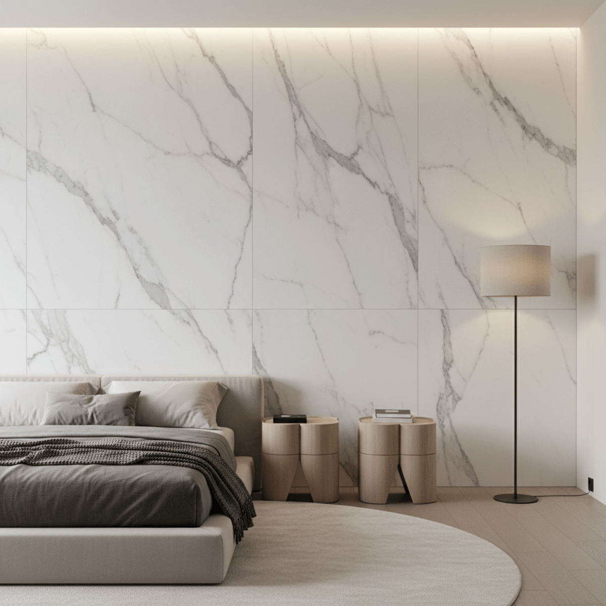 Luxury master bedroom with seamless Carrara marble feature wall. Expansive feature wall clad in ultra-thin Carrara marble veneer panels, polished.