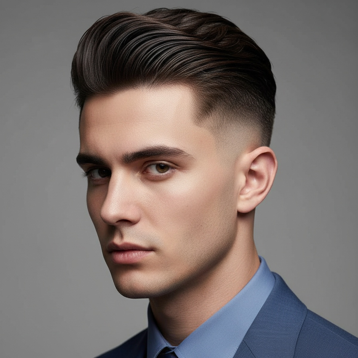 Young man with a slicked-back two-block haircut, sharply detailed hair texture.