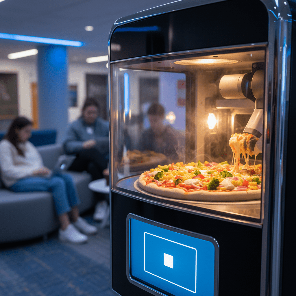 High-tech vending machine preparing fresh pizza with vibrant toppings.