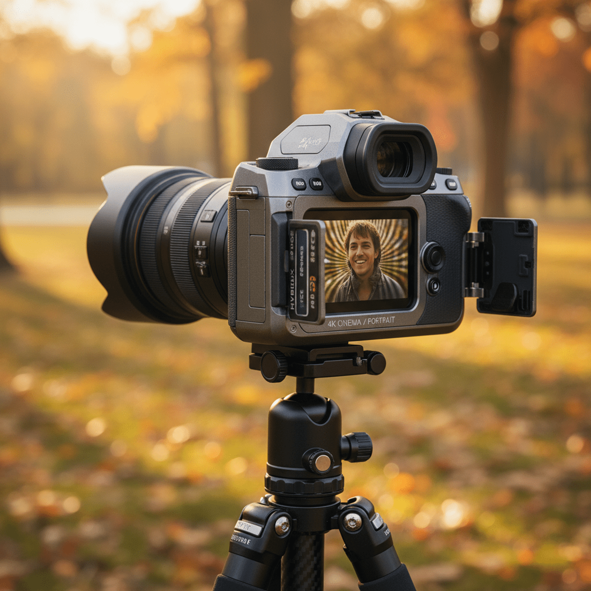 Hybrid camera captures portraits and video in autumn park during golden hour.