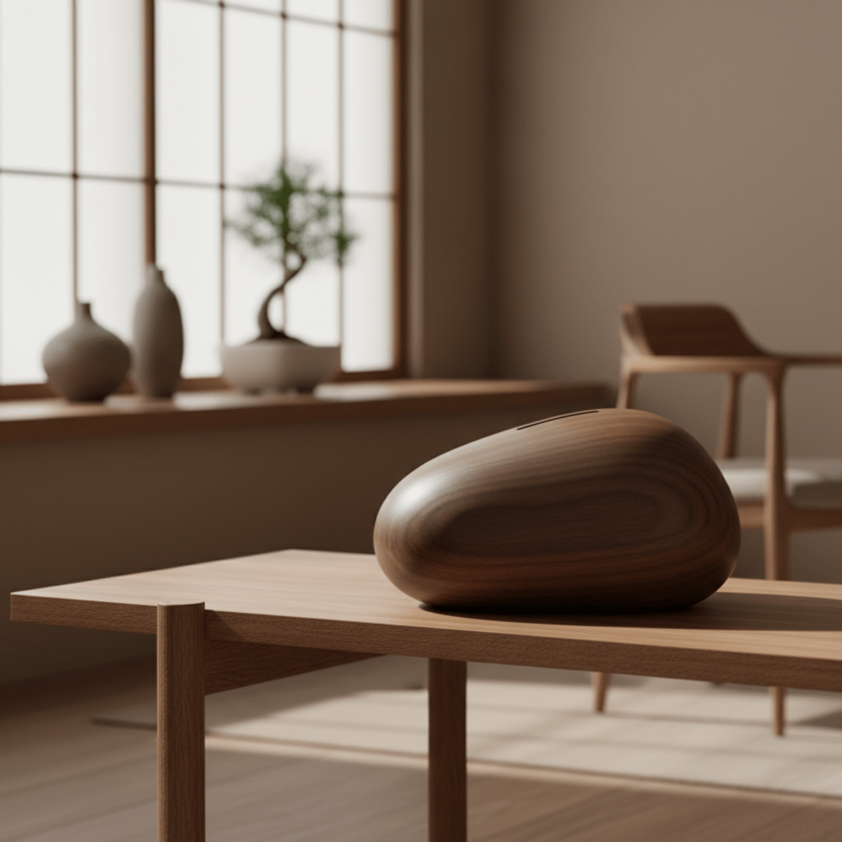 Japandi walnut piggy bank on bamboo shelf with soft light. Elegant Japandi walnut piggy bank on a minimalist bamboo shelf with shoji screen light.