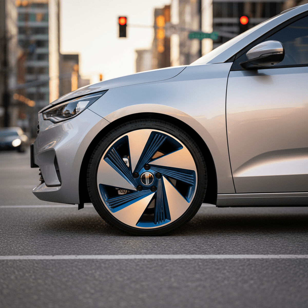 Subcompact car on urban street with sophisticated wheel design glinting in sunlight.