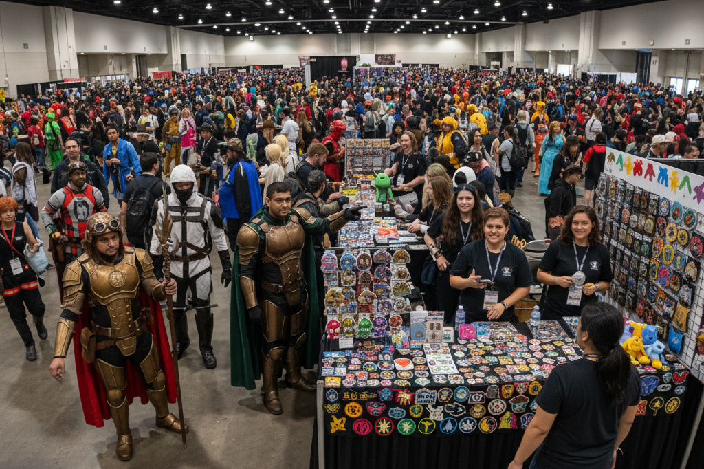 Wide-angle view of a bustling convention space featuring attendees in creative costumes interacting near a merchandise booth under warm ambient lighting