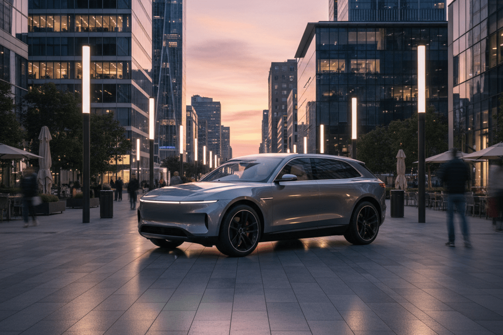 Luxury SUV with frameless handles and flush glass roof parked in urban setting at dusk, showcasing modern reductionist design trends