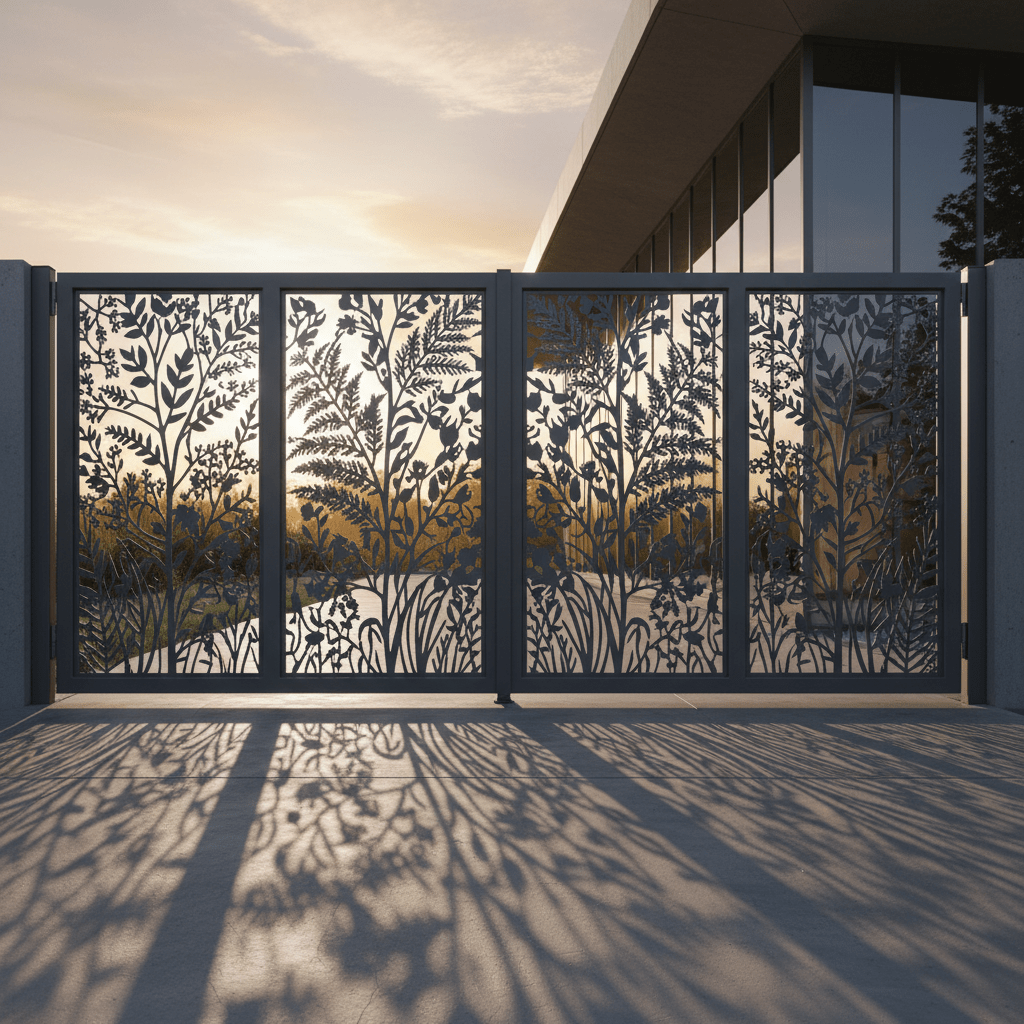 Charcoal grey aluminum gate with delicate botanical laser-cut designs and negative space.