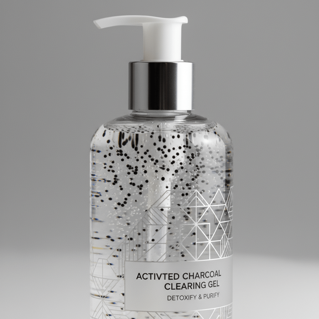 Macro shot of clear gel face wash with suspended charcoal spheres and medical packaging.