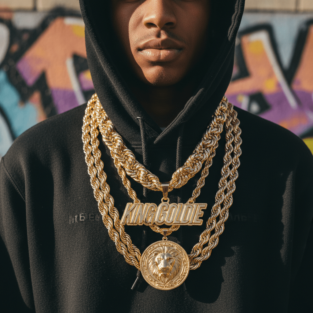 Close-up of a reimaged 80s hip hop look with an oversized gold rope chain.