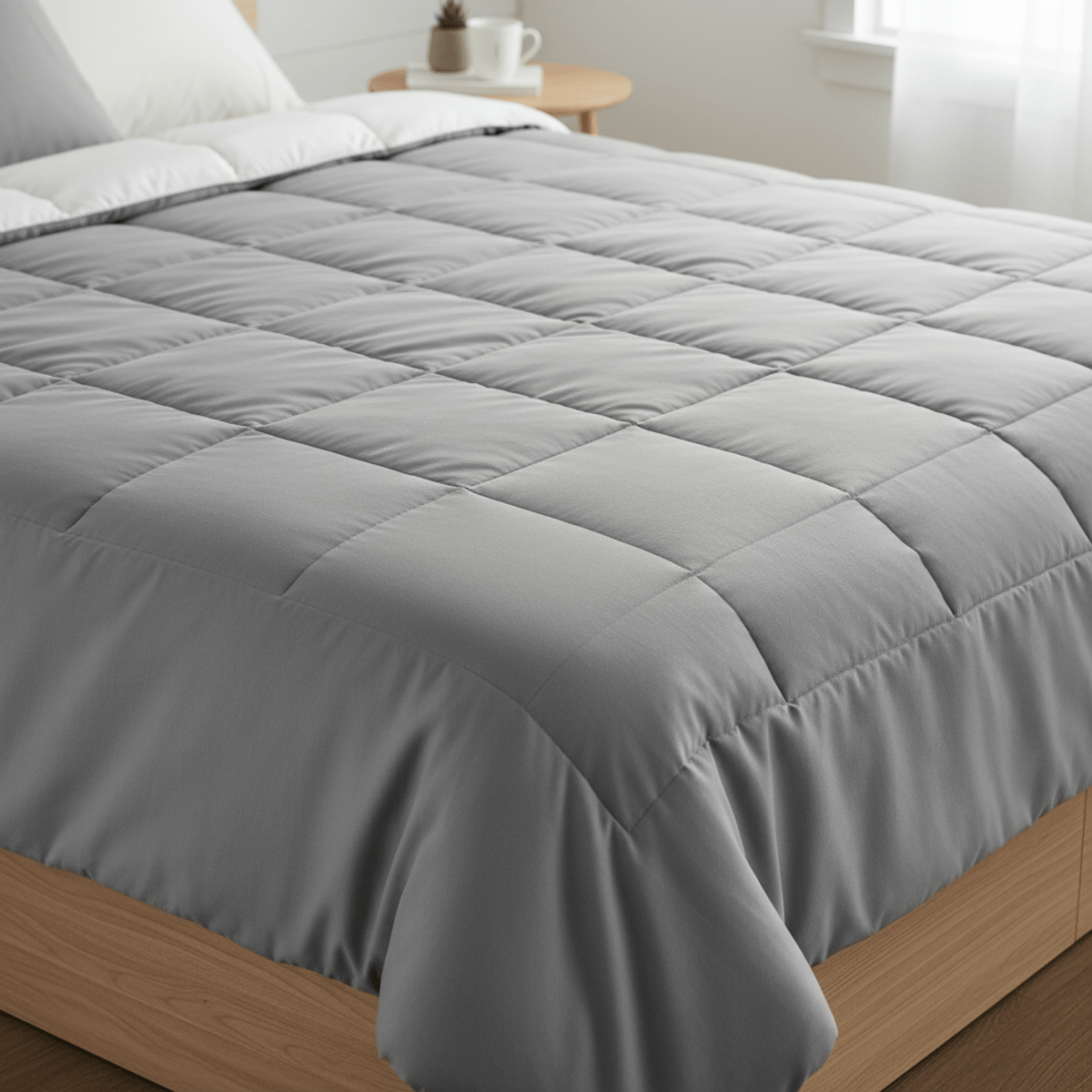 Affordable pinch pleat microfiber comforter with wave folds on a wooden bed.