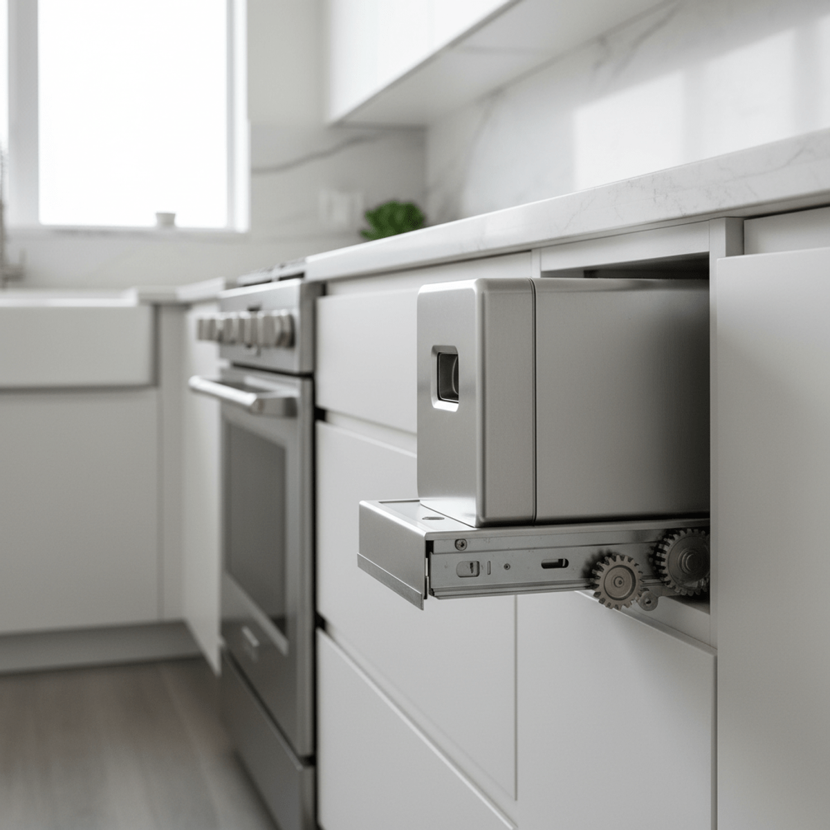 Sleek electric can crusher hidden under a modern kitchen cabinet on a sliding mount.