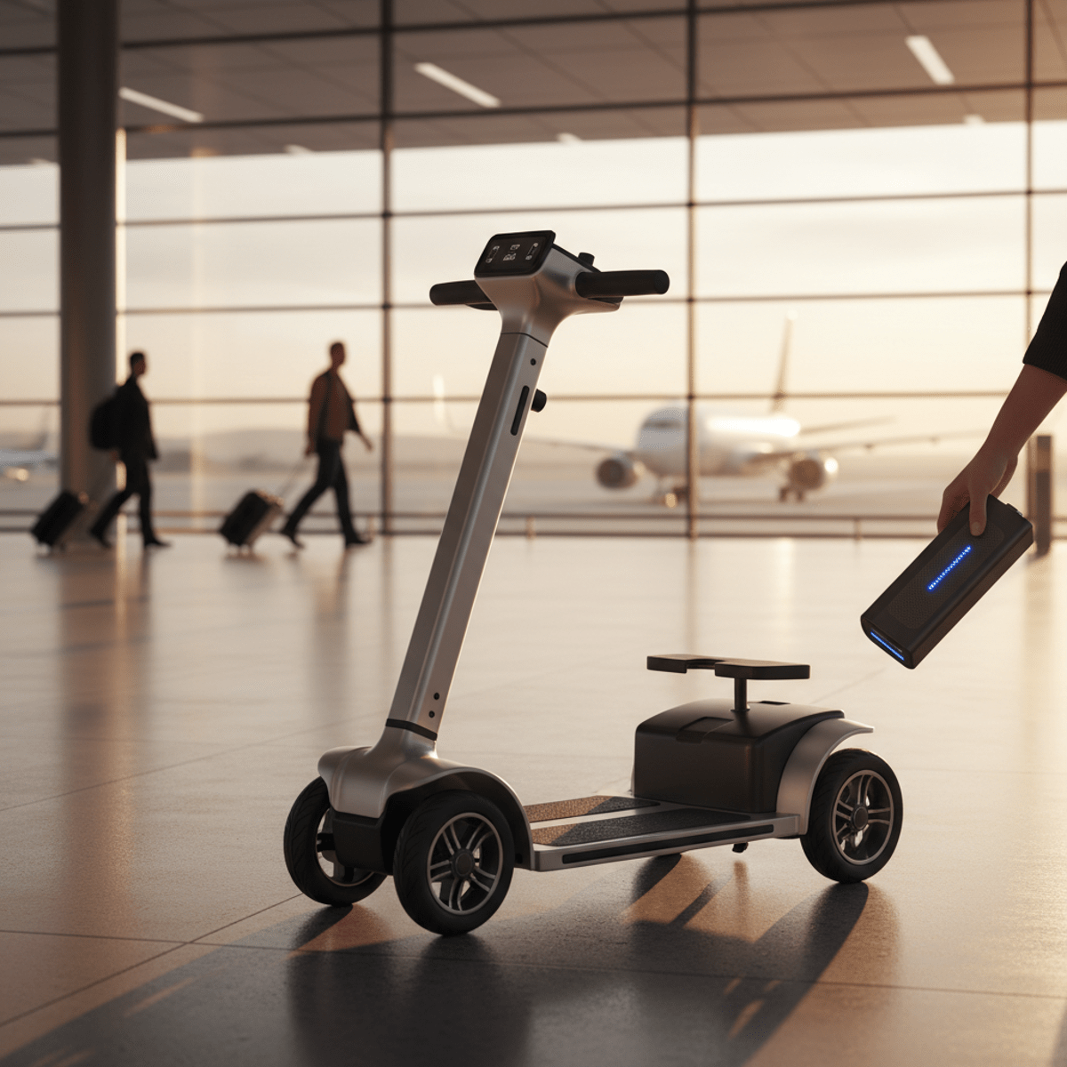 Modern mobility scooter at a sunlit airport concourse. Adult mobility scooter with removable battery on sunlit airport concourse.
