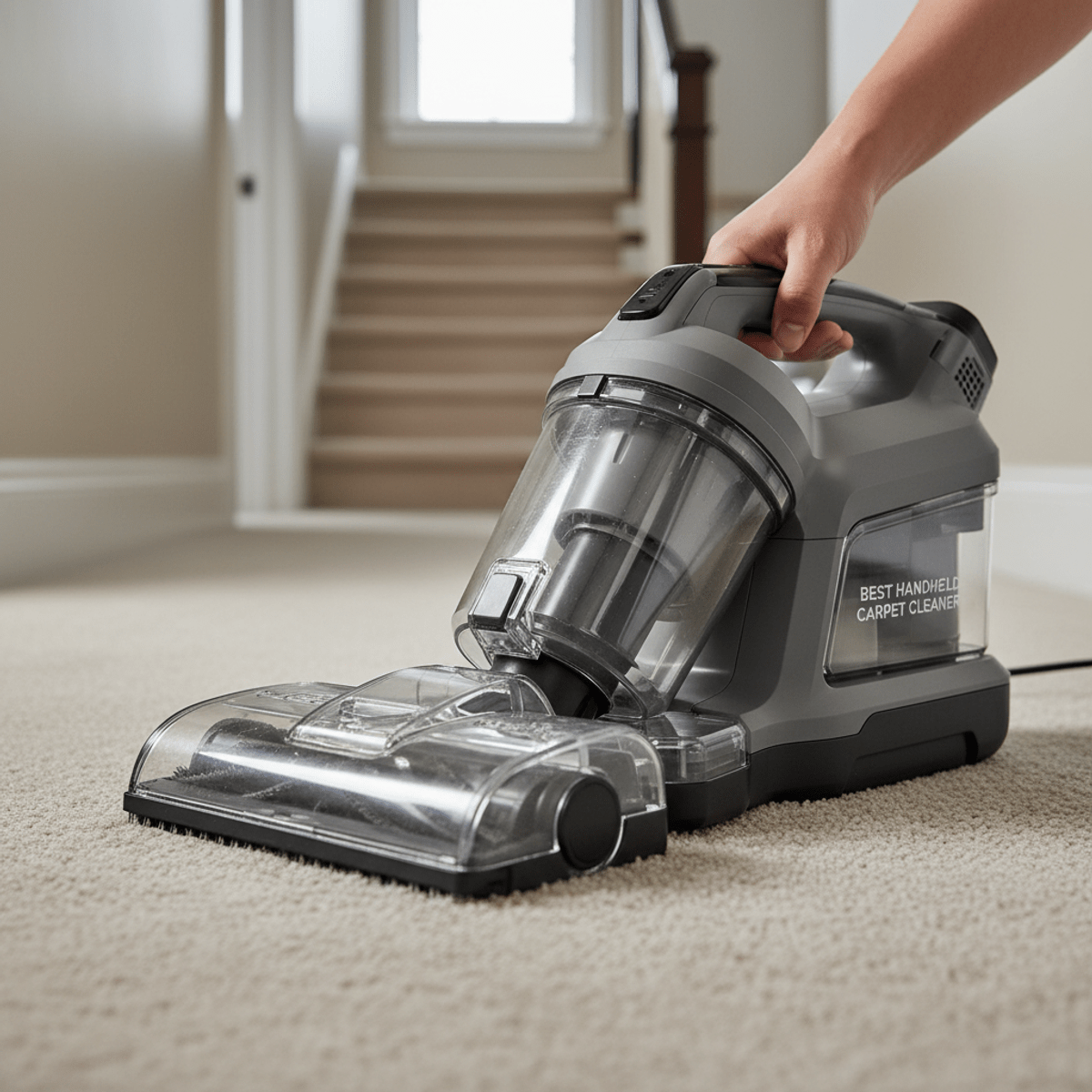 Powerful handheld carpet cleaner actively cleaning a hallway. Handheld carpet cleaner vacuums hallway, showing ergonomic design and edge bristles.