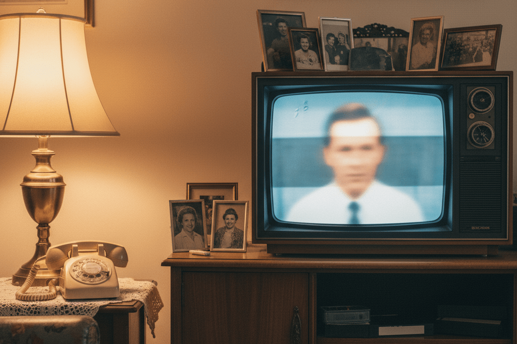 Warmly lit living room featuring an old TV set surrounded by nostalgic items, highlighting themes of emotional connection and comebacks