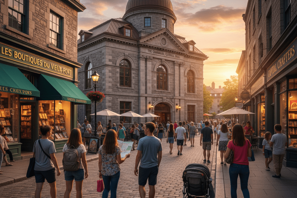 Historic venue driving retail synergy in Ottawa's summer tourism Bustling Ottawa street with historic venue and surrounding retail shops under warm natural lighting, highlighting tourist-driven commerce.