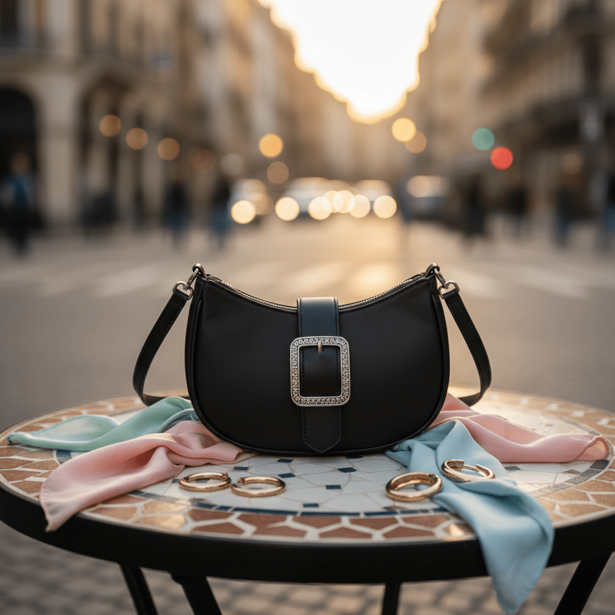 Black faux leather micro-shoulder bag with buckle on vintage table, surrounded by scarves.
