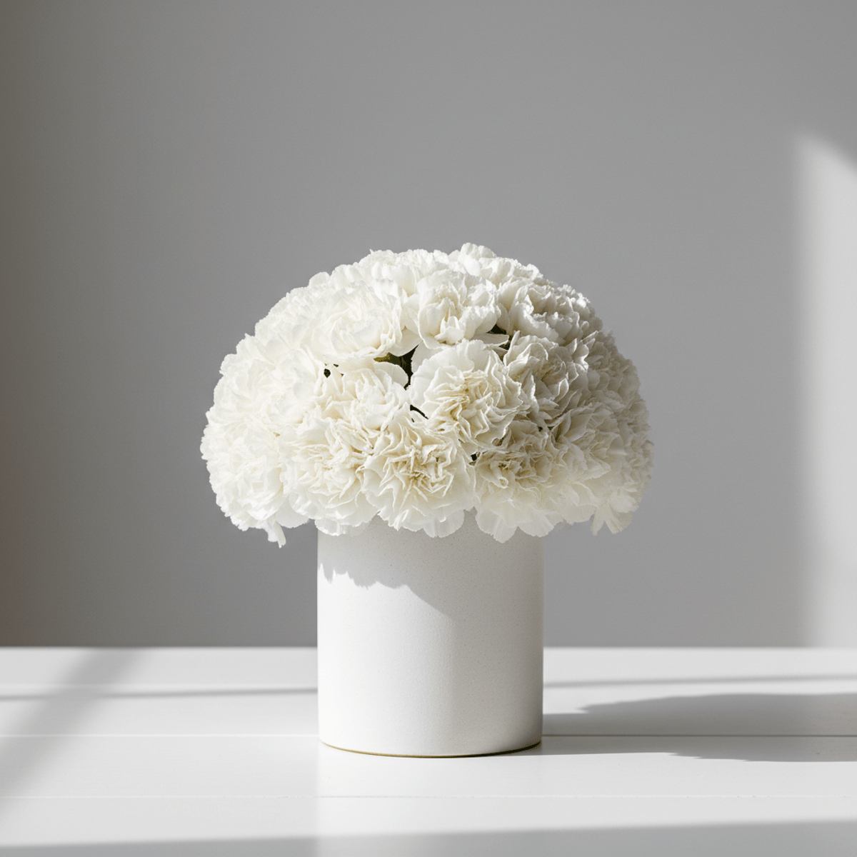 Monochromatic white carnations form a soft cloud in a matte ceramic vase.