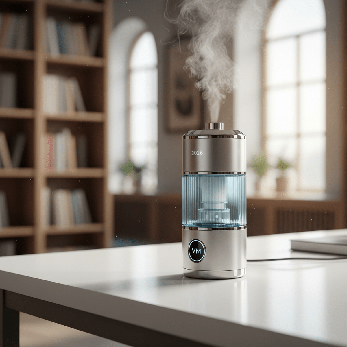 Sleek portable nebulizer with vibrating mesh tech on a desk in a serene library.