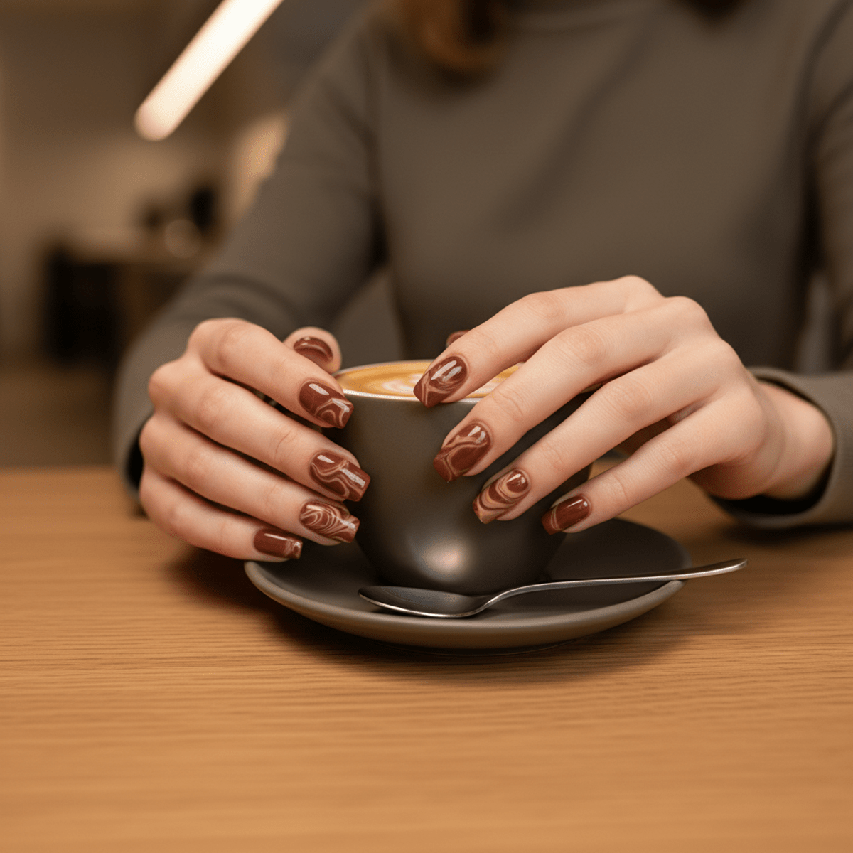 Minimalist coffeehouse table with cherry cola marble nails and latte cup.