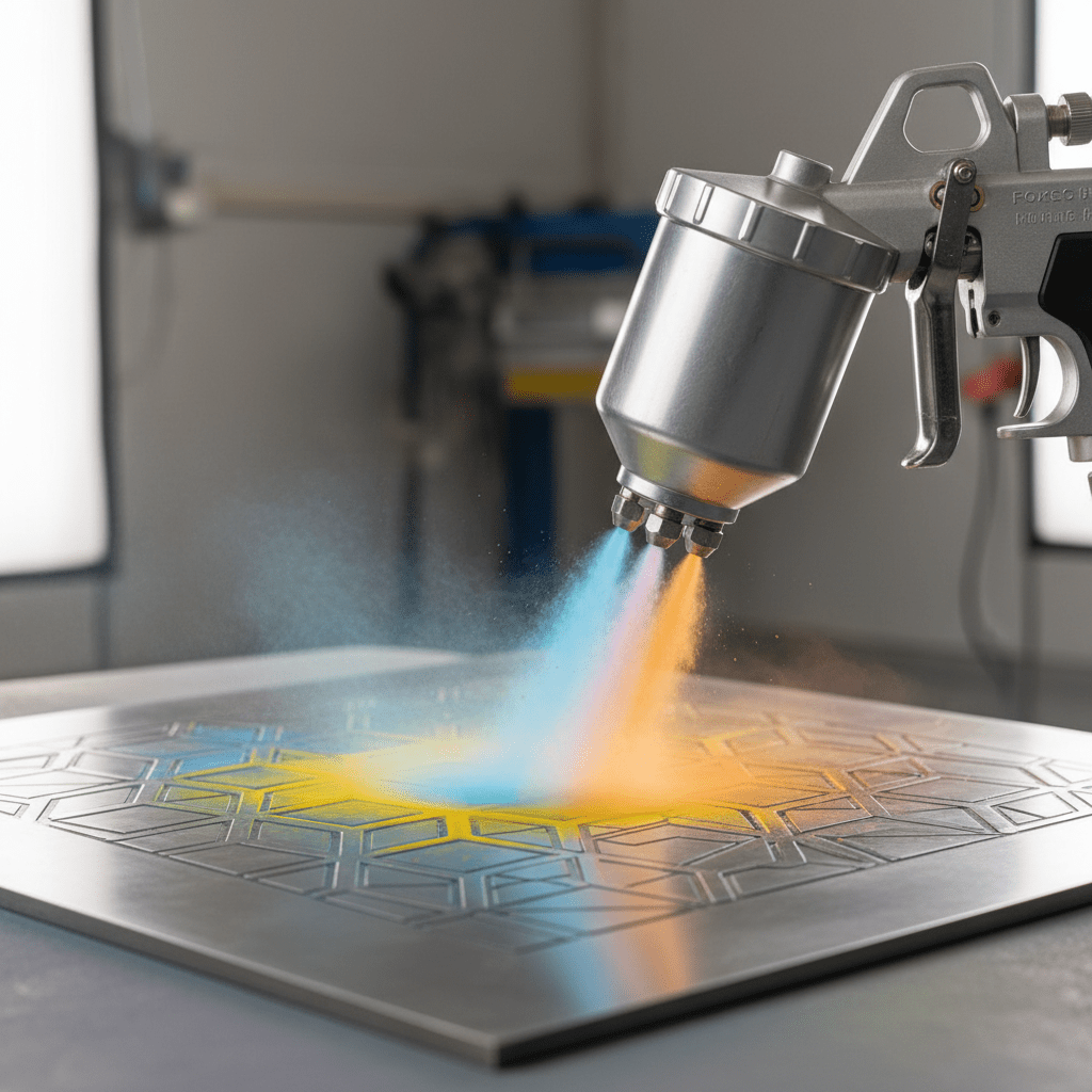 Sleek powder coating gun spraying vibrant color onto a geometric patterned metal panel.