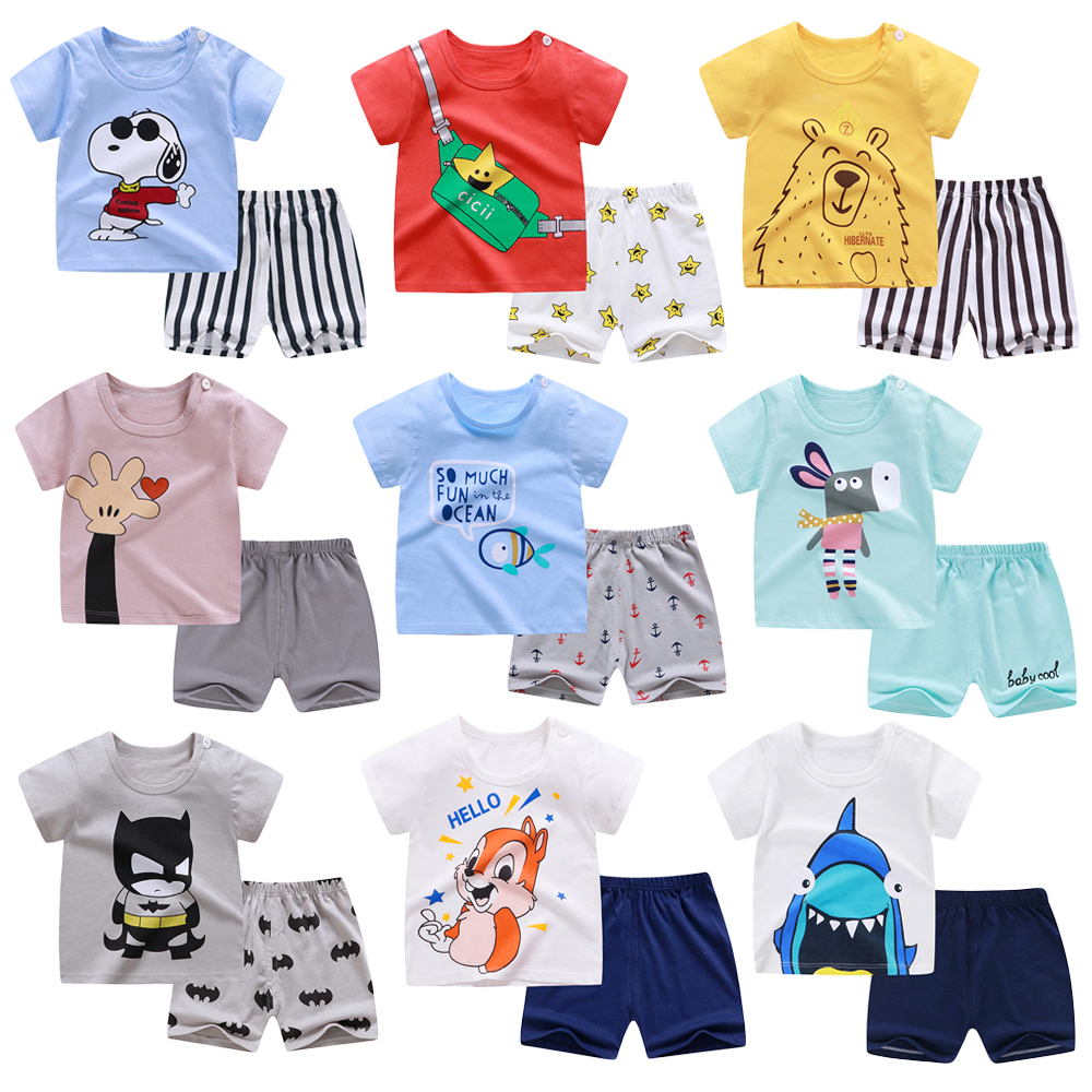 Детские летние комплекты одежды для малышей костюм с коротким рукавом новая футболка + штаны с мультяшным принтом для мальчиков и девочек комплекты детской одежды