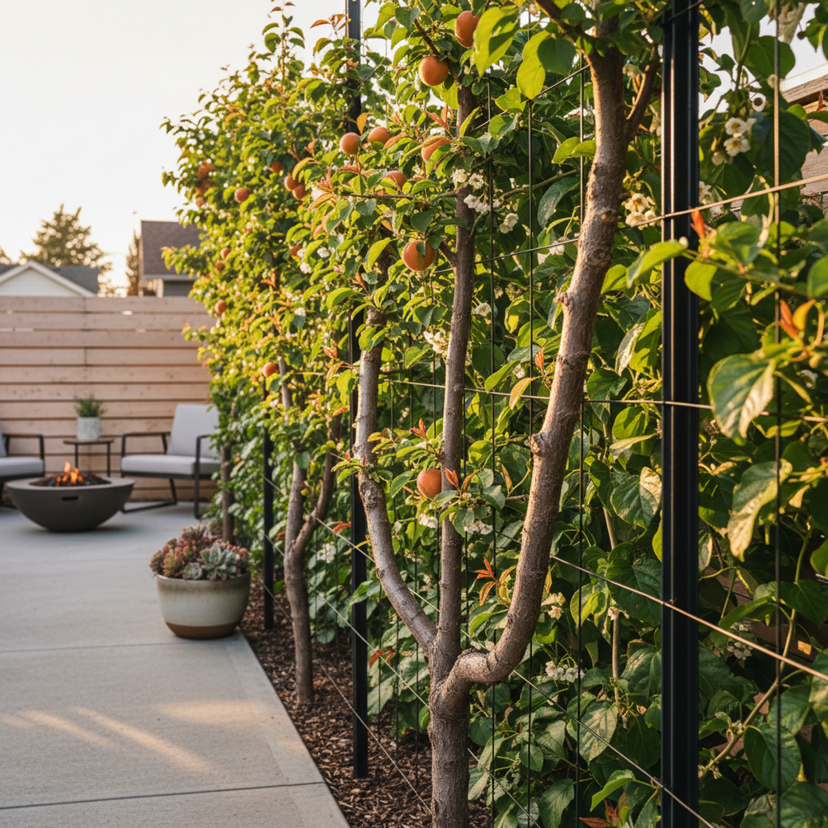 Modern compact backyard with espalier fruit trees and kiwi vines forming a privacy wall.
