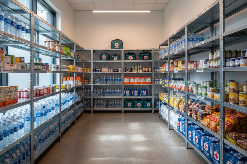 Shelves stocked with emergency supplies under soft ambient lighting Organized shelves holding water bottles and first aid kits in a softly lit storage area, highlighting disaster preparedness