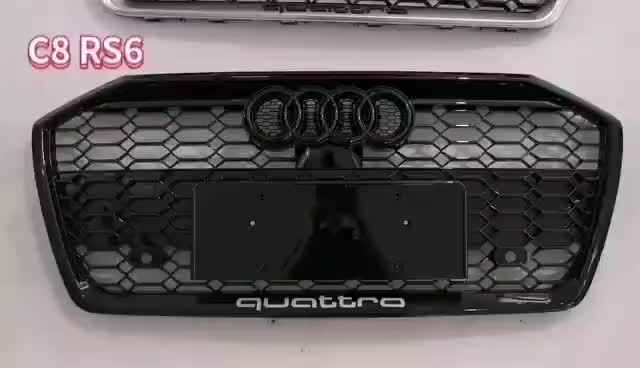RS6 C8スタイルクローム光沢のあるブラックグリルABSハニカムフロント