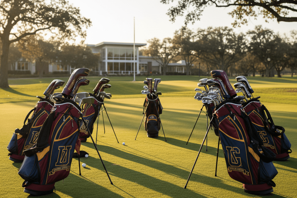 Arrangement of golf bags and clubs in team colors under natural light during a competitive event
