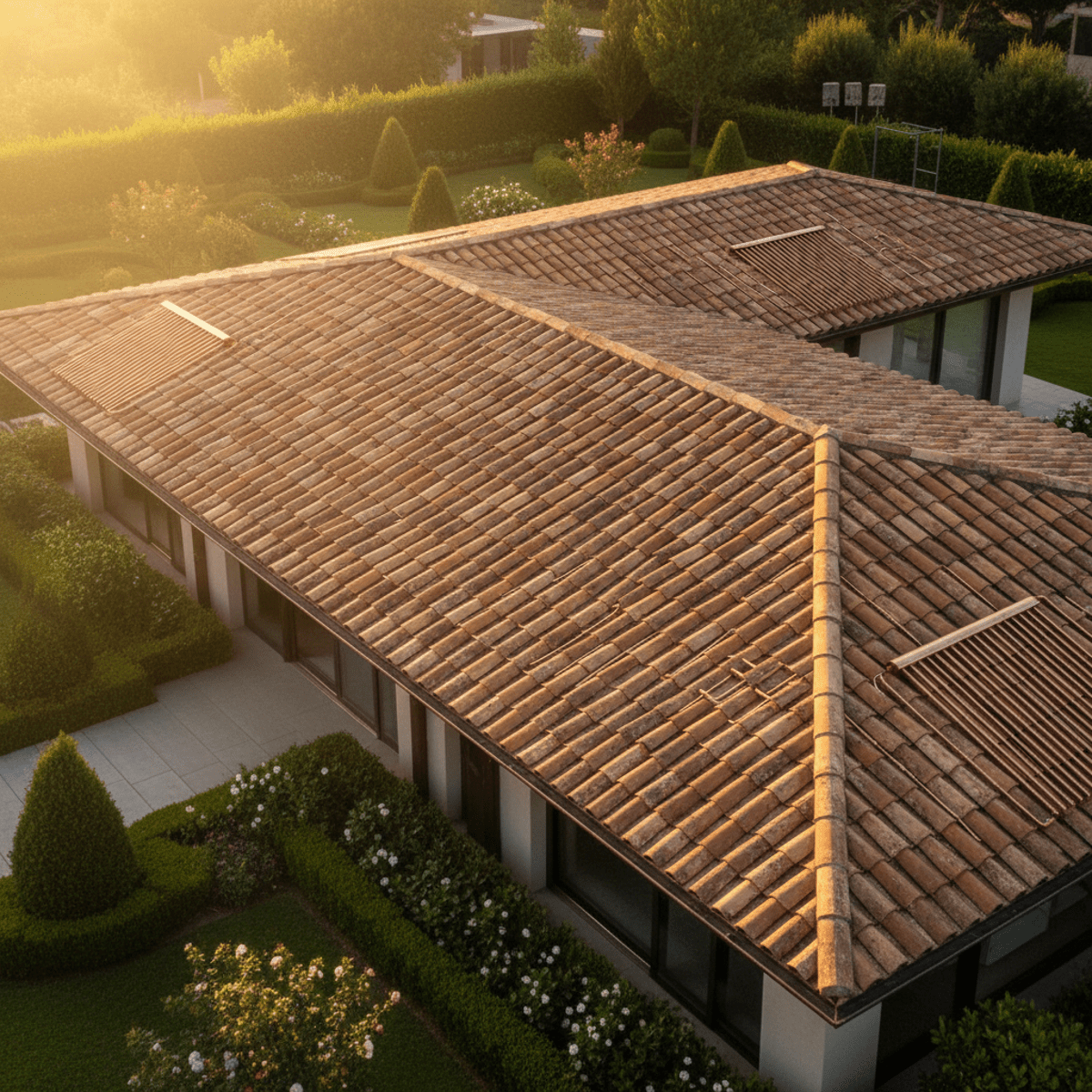 Rustic terracotta roof with concealed solar heaters and visible copper tubing.
