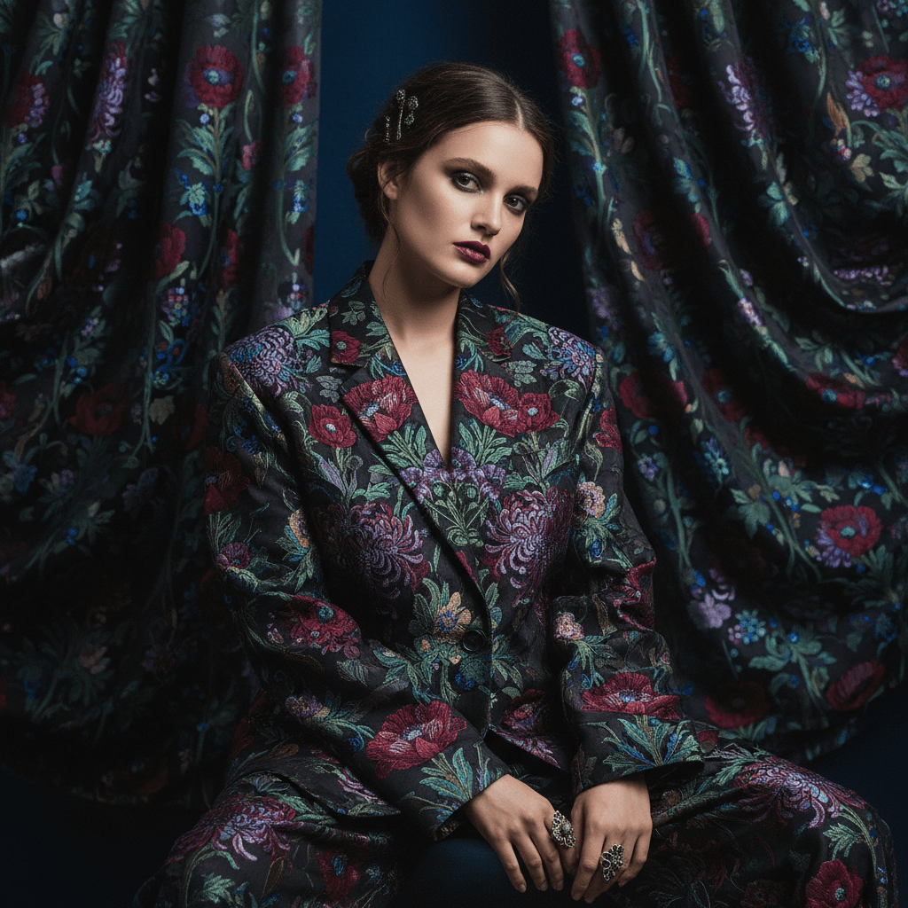 Model in dark floral brocade blazer with poppies and nightshade vines.