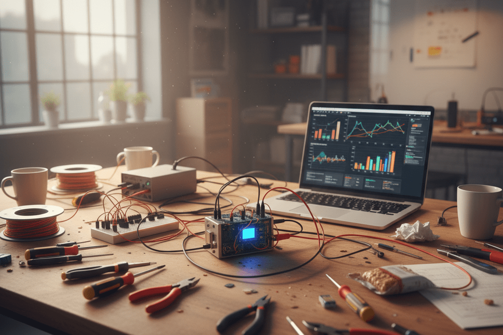 Unpolished product testing scene with tools and gadgets under ambient lighting, showcasing authenticity-driven engagement strategies