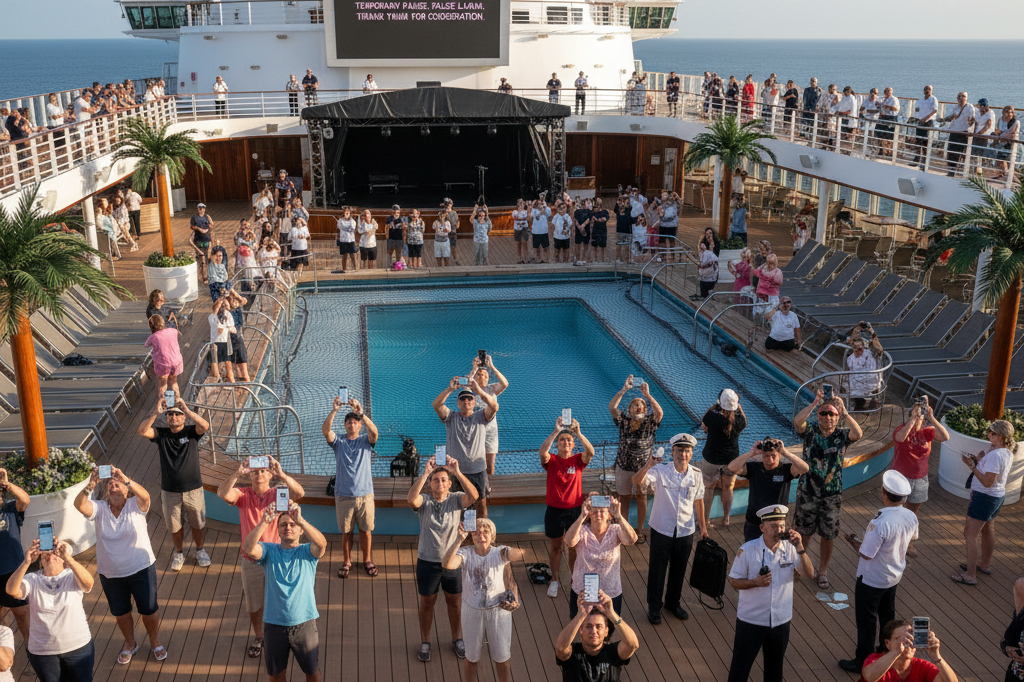 Passengers and crew conducting visual searches on a cruise deck after a false emergency alert, highlighting operational disruptions
