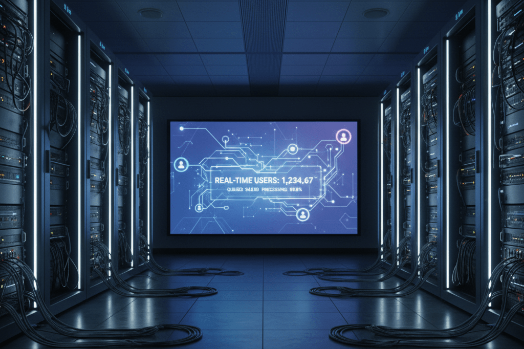 Illuminated digital queue system during high-demand event processing Glowing queue management screen in server room with data flow visuals, highlighting advanced technical infrastructure under heavy load