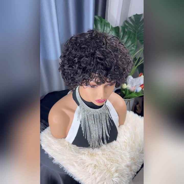 Short Wavy Pixie Bob Wig with Bangs Natural Looking Human Hair Glueless Sb25ee09d7c83440d936bf80264049  main image 2