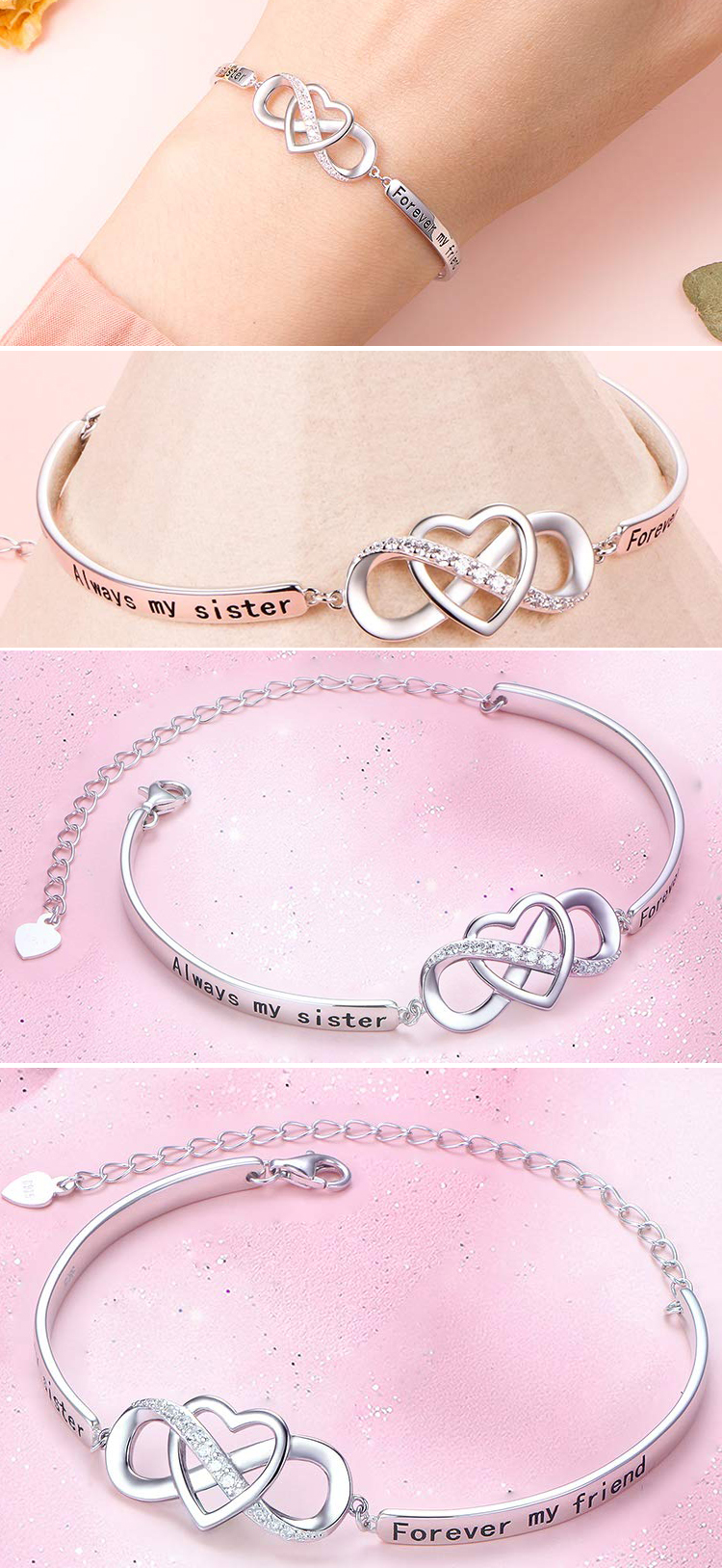 2020 new personalized engraved women jewelry custom hear infinity charm adjustable 925 sterling silver bangle bracelet blank