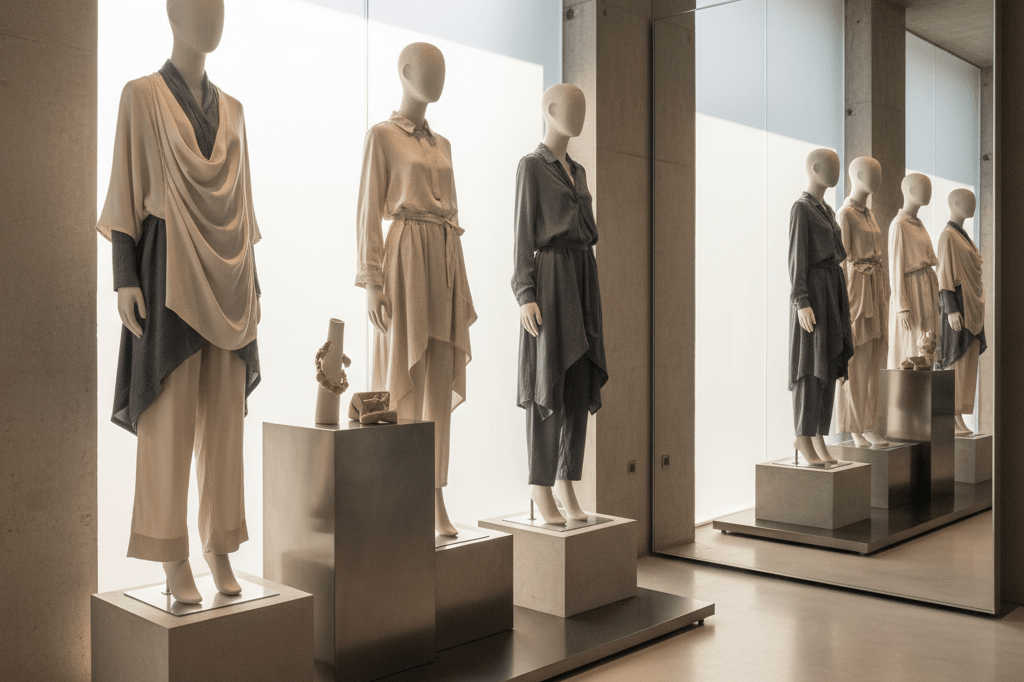 Polished retail setup with mannequins dressed in elegant outfits under soft ambient lighting, evoking premium shopping experiences