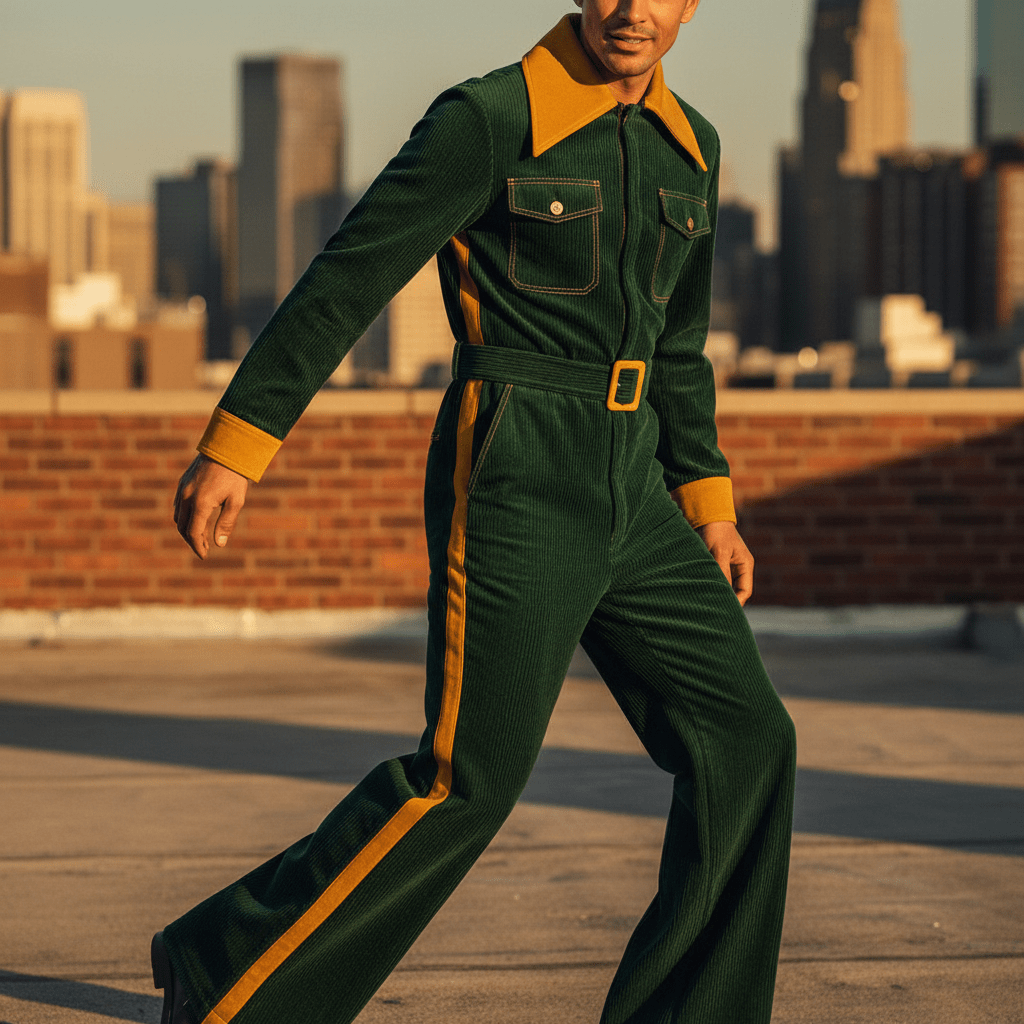 Male model in forest green corduroy jumpsuit on urban rooftop at golden hour.