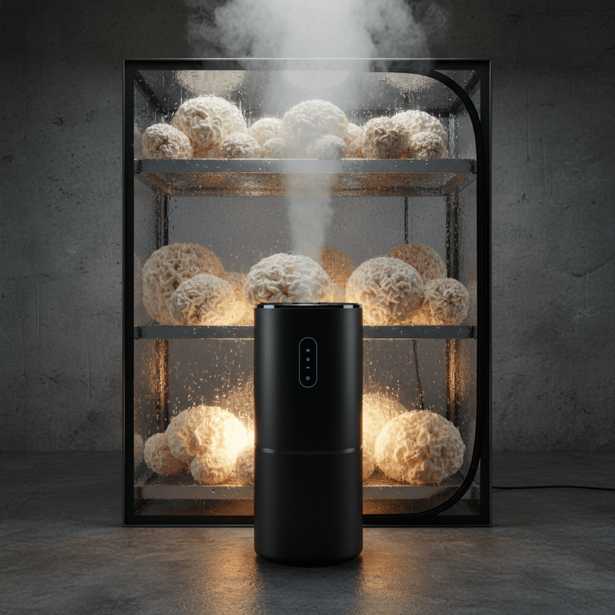 High-performance humidifier misting lion's mane mushrooms in a controlled grow chamber.