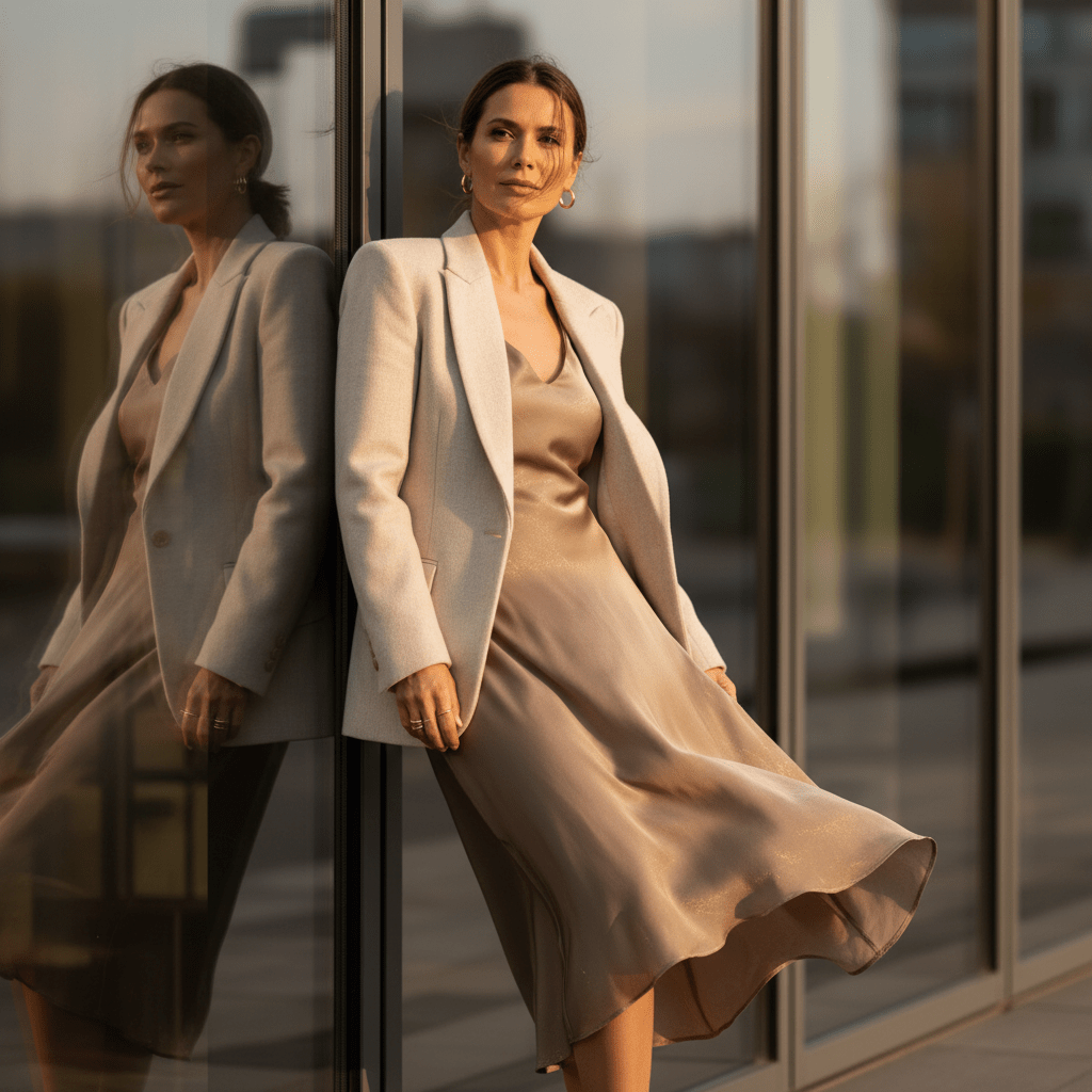 Woman in oversized blazer and silk midi dress, modern building backdrop, golden hour light.