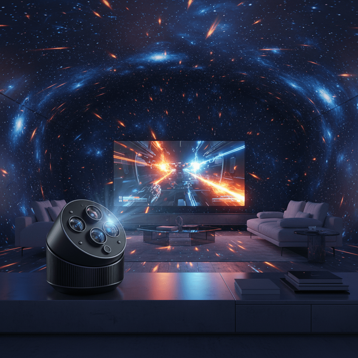 Sleek star projector in a modern room, casting constellations during an intense sci-fi game.