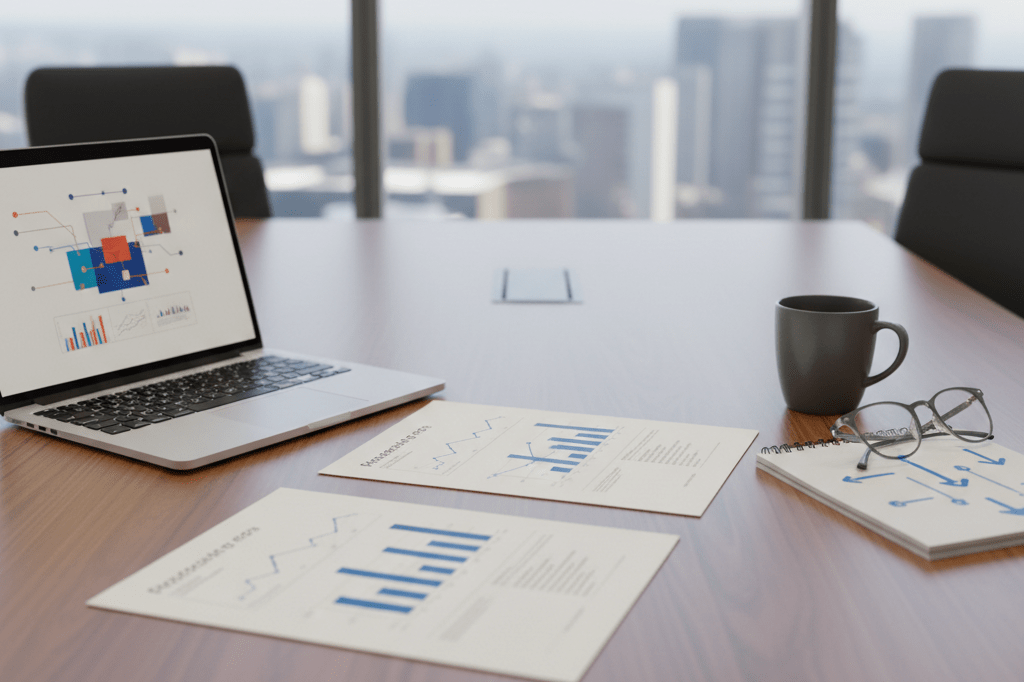 Medium shot of financial documents and laptop on a boardroom table symbolizing strategic wealth management consolidation and service integration