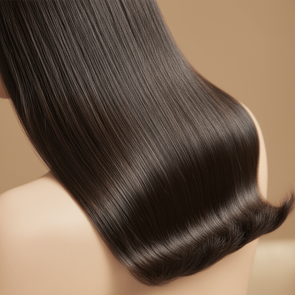 Close-up of dark hair with cassia gloss, showing mirror-like shine and smooth texture.